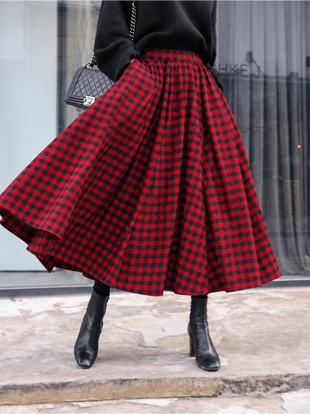 TULIP B | Red and Navy Blue Buffalo Check Flared Midi Skirt